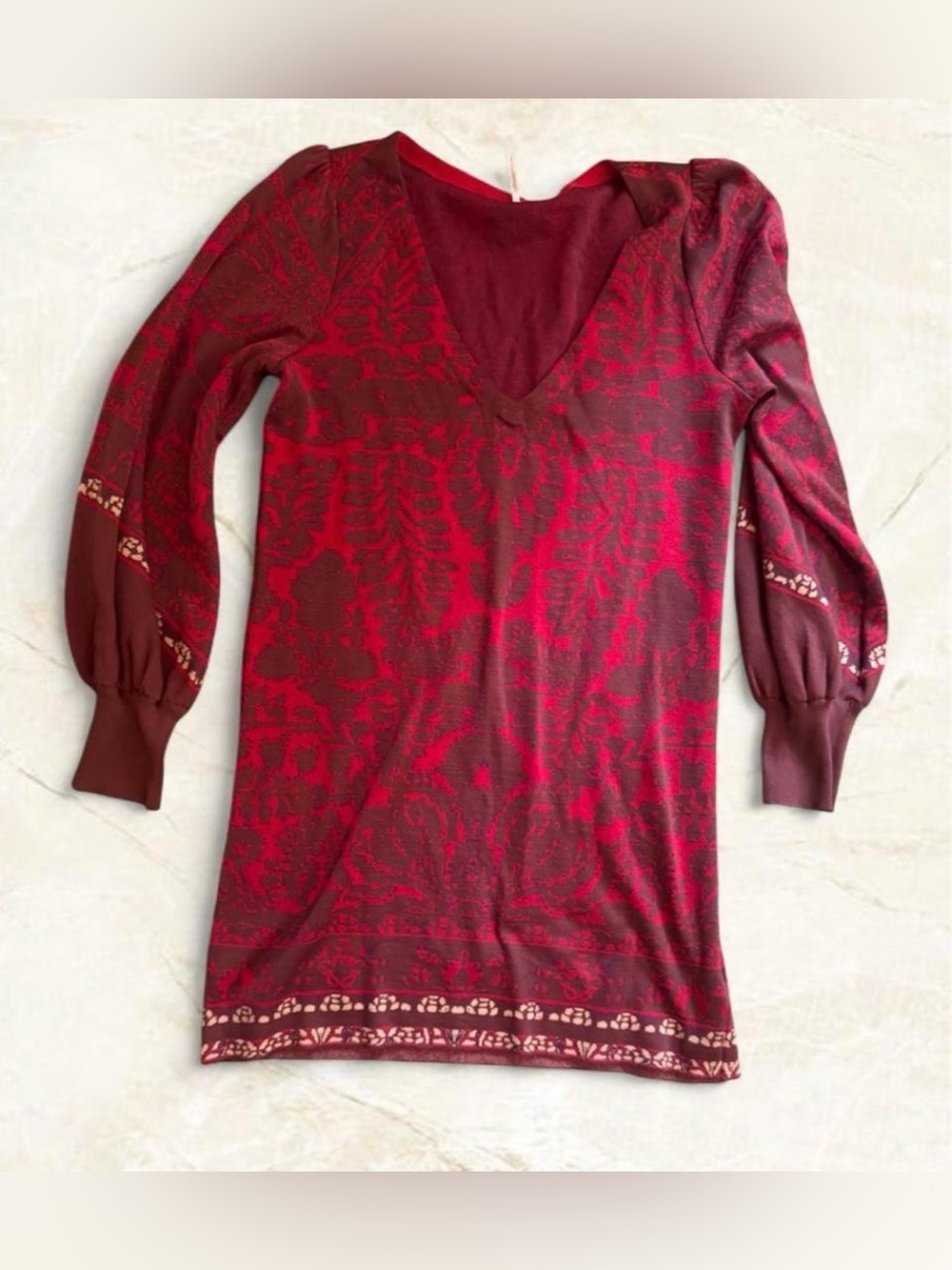 Free People Music and Lyrics Red V Neck Mini Knit Sweater Dress M Boho Fall Fest